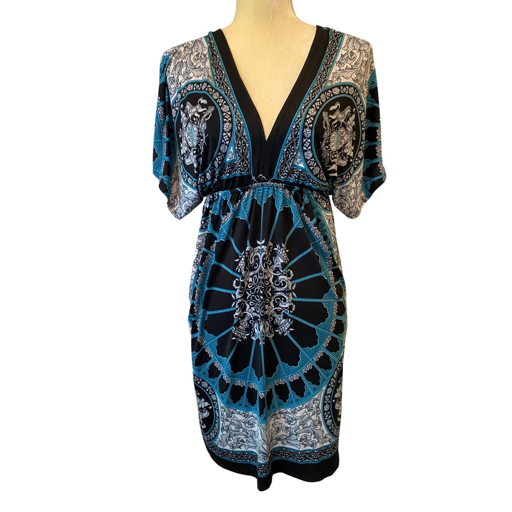 Body Central Boutique Teal Black Baroque Medallion Empire Waist V-Neck Dress